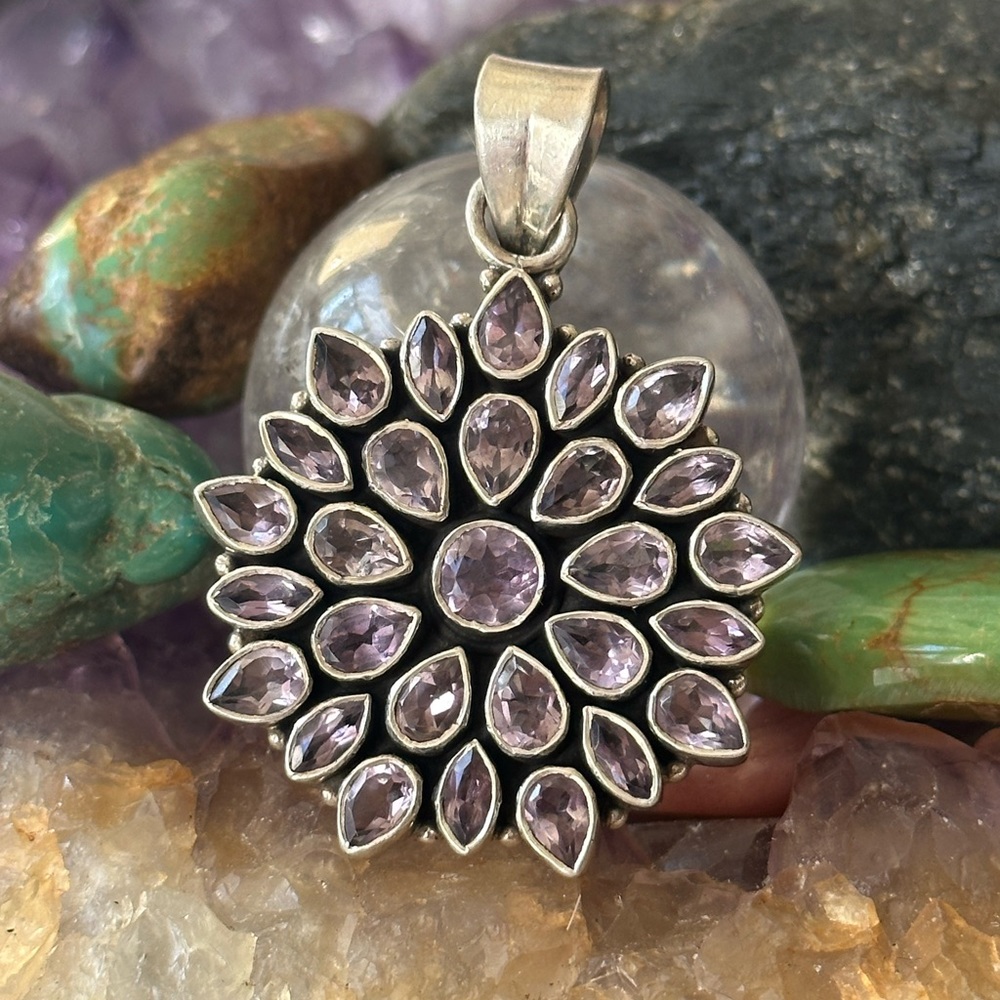 Amethyst Flower Statement 925 Sterling Silver Pen… - image 8